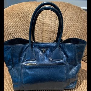 Prada Front Pocket Wing Convertible Vitello Daino Leather Satchel Blue